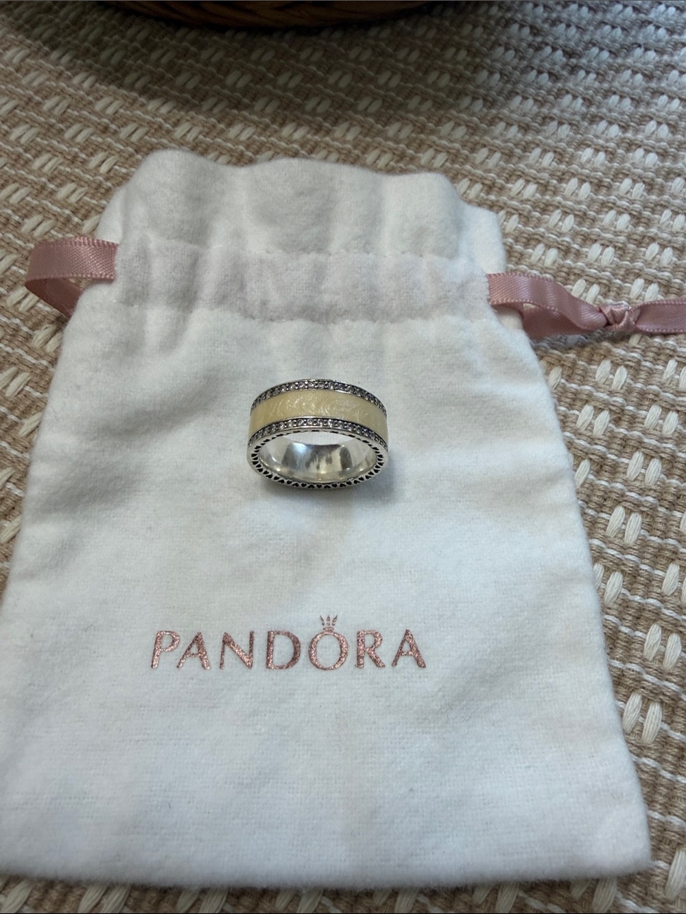 Pandora Sterling Silver 925 Band Ring with Yellow Enamel Center and White Stones